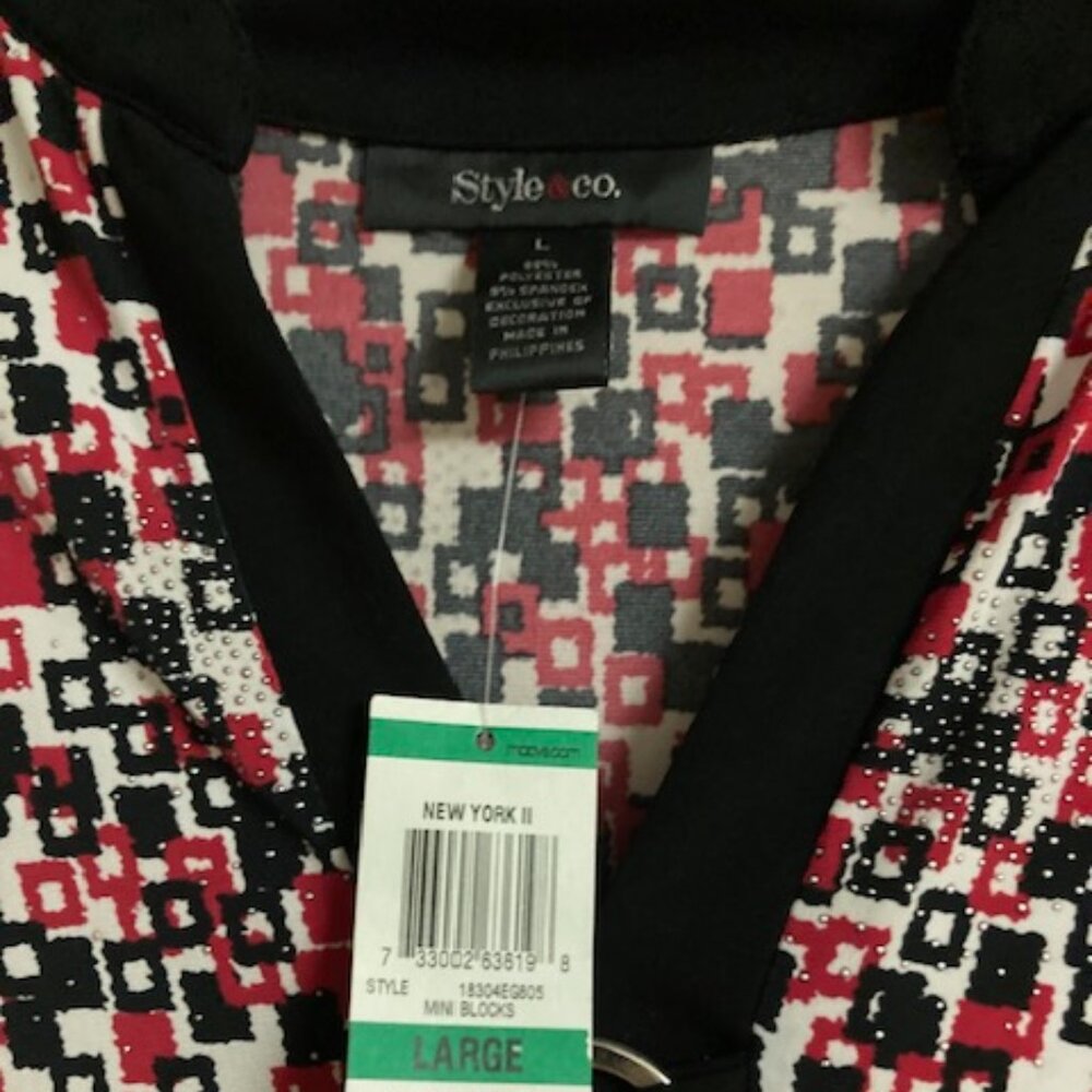 STYLE AND COMPANY NWT SS LADIES WORK CASUAL BLOUSE RED BLACK SILVER SPARKLE SZL